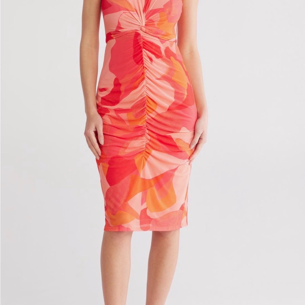 Vince Camuto Mesh Elegant Pink and Orange Ruched Dress size 4